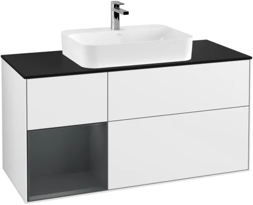 VILLEROY BOCH Toaletní skříňka Finion, s osvětlením, 3 výsuvy, 1200 x 603 x 501 mm, lesklý bílý lak / půlnoční modrý matný lak / černé matné sklo #F412HGGF, obrázek 1