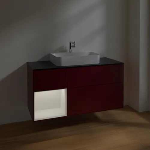 VILLEROY BOCH Toaletní skříňka Finion, s osvětlením, 3 výsuvy, 1200 x 603 x 501 mm, matný lak Peony / lesklý bílý lak / černé matné sklo #F412GFHB, obrázek 5