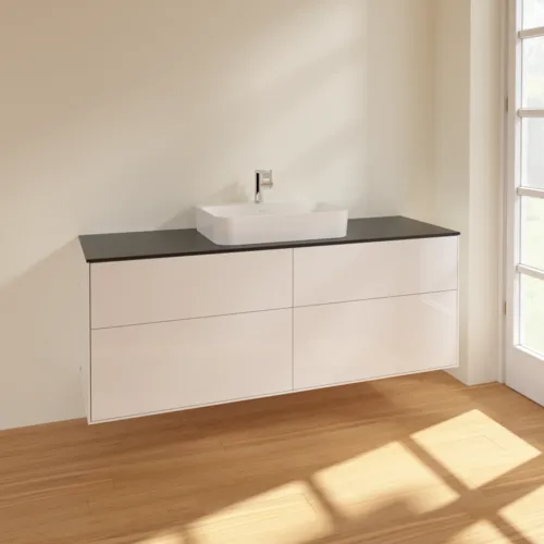 VILLEROY BOCH Toaletní skříňka Finion, 4 výsuvy, 1600 x 603 x 501 mm, lesklý bílý lak / černé matné sklo #F44200GF, obrázek 2