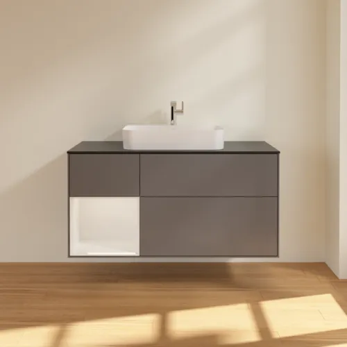 VILLEROY BOCH Toaletní skříňka Finion, s osvětlením, 3 výsuvy, 1200 x 603 x 501 mm, antracitový matný lak / lesklý bílý lak / černé matné sklo #F412GFGK, obrázek 3