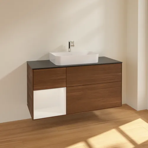 VILLEROY BOCH Toaletní skříňka Finion, s osvětlením, 3 výsuvy, 1200 x 603 x 501 mm, ořechová dýha / lesklý bílý lak / sklo černé matné #F412GFGN, obrázek 2