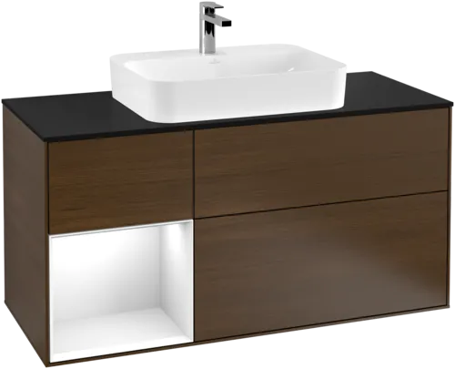 VILLEROY BOCH Toaletní skříňka Finion, s osvětlením, 3 výsuvy, 1200 x 603 x 501 mm, ořechová dýha / lesklý bílý lak / sklo černé matné #F412GFGN, obrázek 1