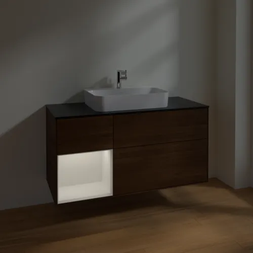 VILLEROY BOCH Toaletní skříňka Finion, s osvětlením, 3 výsuvy, 1200 x 603 x 501 mm, ořechová dýha / lesklý bílý lak / sklo černé matné #F412GFGN, obrázek 5