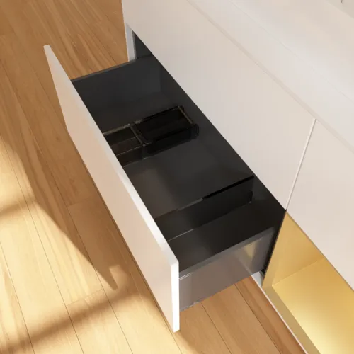 VILLEROY BOCH Toaletní skříňka Finion, s osvětlením, 3 výsuvy, 1200 x 603 x 501 mm, bílý matný lak / zlatý matný lak / bílé matné sklo #F421HFMT, obrázek 7