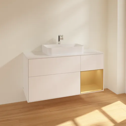 VILLEROY BOCH Toaletní skříňka Finion, s osvětlením, 3 výsuvy, 1200 x 603 x 501 mm, bílý matný lak / zlatý matný lak / bílé matné sklo #F421HFMT, obrázek 2