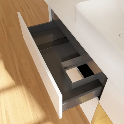 VILLEROY BOCH Toaletní skříňka Finion, s osvětlením, 3 výsuvy, 1200 x 603 x 501 mm, bílý matný lak / zlatý matný lak / bílé matné sklo #F421HFMT, obrázek 8