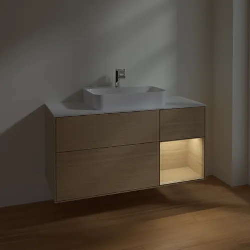 VILLEROY BOCH Toaletní skříňka Finion, s osvětlením, 3 výsuvy, 1200 x 603 x 501 mm, dubová dýha / dubová dýha / sklo bílé matné #F421PCPC, obrázek 5