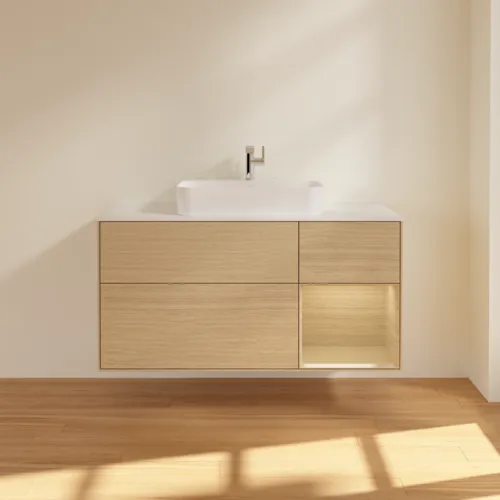 VILLEROY BOCH Toaletní skříňka Finion, s osvětlením, 3 výsuvy, 1200 x 603 x 501 mm, dubová dýha / dubová dýha / sklo bílé matné #F421PCPC, obrázek 3