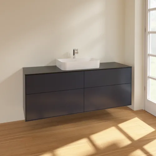 VILLEROY BOCH Toaletní skříňka Finion, 4 výsuvy, 1600 x 603 x 501 mm, půlnočně modrý matný lak / černé matné sklo #F44200HG, obrázek 2