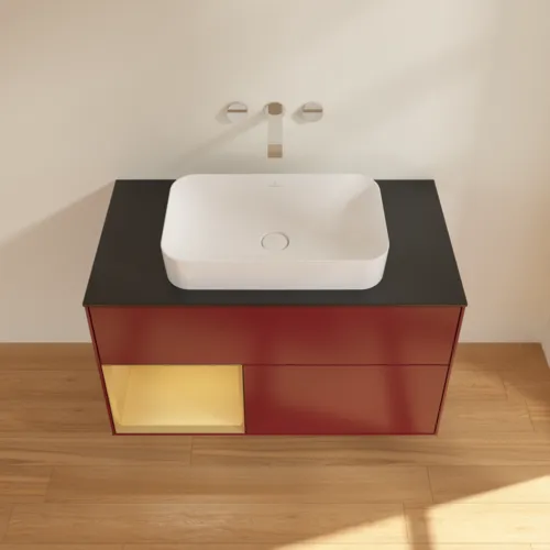 VILLEROY BOCH Toaletní skříňka Finion, s osvětlením, 2 výsuvy, 1000 x 603 x 501 mm, Peony Matt Lacquer / Gold Matt Lacquer / Glass Black Matt #F652HFHB, obrázek 4
