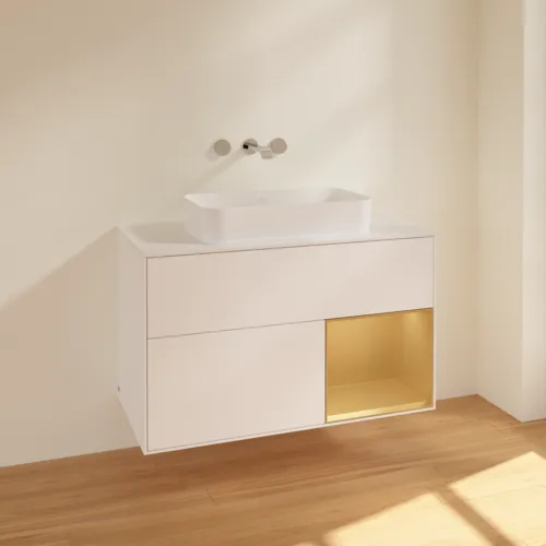 VILLEROY BOCH Toaletní skříňka Finion, s osvětlením, 2 výsuvy, 1000 x 603 x 501 mm, bílý matný lak / zlatý matný lak / sklo bílé matné #F661HFMT, obrázek 2