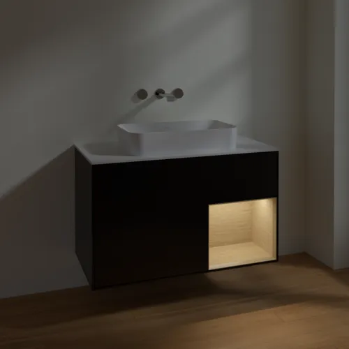VILLEROY BOCH Toaletní skříňka Finion, s osvětlením, 2 výsuvy, 1000 x 603 x 501 mm, černý matný lak / dubová dýha / sklo bílé matné #F661PCPD, obrázek 5