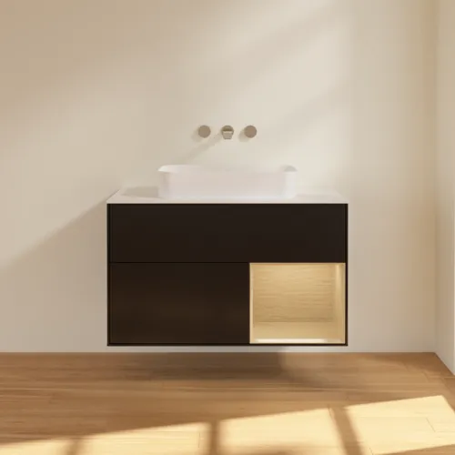 VILLEROY BOCH Toaletní skříňka Finion, s osvětlením, 2 výsuvy, 1000 x 603 x 501 mm, černý matný lak / dubová dýha / sklo bílé matné #F661PCPD, obrázek 3