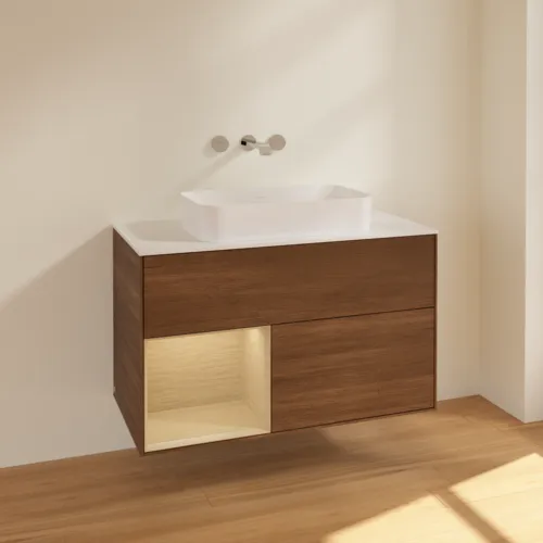 VILLEROY BOCH Umyvadlová skříňka Finion, s osvětlením, 2 výsuvy, 1000 x 603 x 501 mm, ořechová dýha / dubová dýha / sklo bílé matné #F651PCGN, obrázek 2
