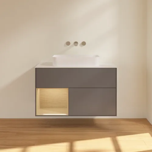 VILLEROY BOCH Toaletní skříňka Finion, s osvětlením, 2 výsuvy, 1000 x 603 x 501 mm, antracit matný lak / dubová dýha / sklo bílé matné #F651PCGK, obrázek 3