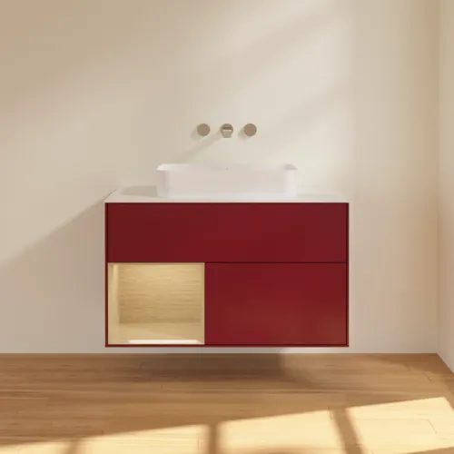 VILLEROY BOCH Toaletní skříňka Finion, s osvětlením, 2 výsuvy, 1000 x 603 x 501 mm, matný lak Peony / dubová dýha / bílé matné sklo #F651PCHB, obrázek 3