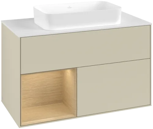 VILLEROY BOCH Toaletní skříňka Finion, s osvětlením, 2 výsuvy, 1000 x 603 x 501 mm, hedvábně šedý matný lak / dubová dýha / sklo bílé matné #F651PCHJ