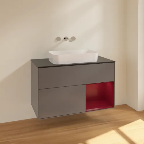 VILLEROY BOCH Toaletní skříňka Finion, s osvětlením, 2 výsuvy, 1000 x 603 x 501 mm, antracitový matný lak / pivoňkový matný lak / černé matné sklo #F662HBGK, obrázek 2