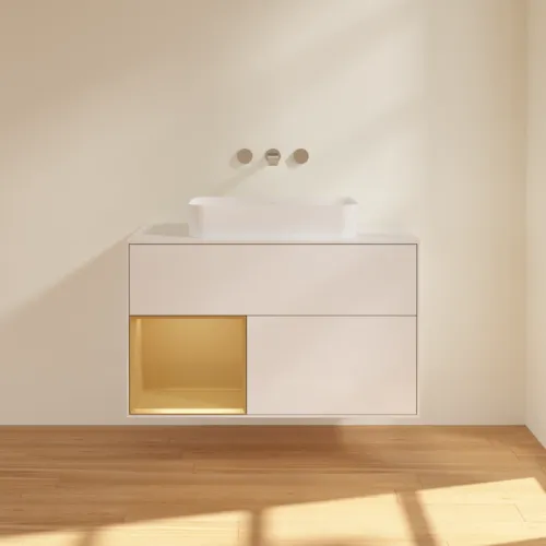 VILLEROY BOCH Toaletní skříňka Finion, s osvětlením, 2 výsuvy, 1000 x 603 x 501 mm, lesklý bílý lak / zlatý matný lak / bílé matné sklo #F651HFGF, obrázek 3