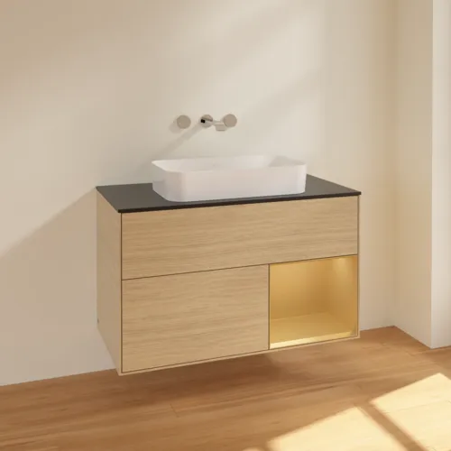 VILLEROY BOCH Toaletní skříňka Finion, s osvětlením, 2 výsuvy, 1000 x 603 x 501 mm, dubová dýha / zlatý matný lak / černé matné sklo #F662HFPC, obrázek 2