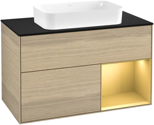 VILLEROY BOCH Toaletní skříňka Finion, s osvětlením, 2 výsuvy, 1000 x 603 x 501 mm, dubová dýha / zlatý matný lak / černé matné sklo #F662HFPC