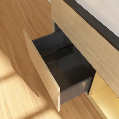 VILLEROY BOCH Toaletní skříňka Finion, s osvětlením, 2 výsuvy, 1000 x 603 x 501 mm, dubová dýha / zlatý matný lak / černé matné sklo #F662HFPC, obrázek 7