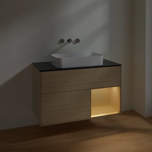 VILLEROY BOCH Toaletní skříňka Finion, s osvětlením, 2 výsuvy, 1000 x 603 x 501 mm, dubová dýha / zlatý matný lak / černé matné sklo #F662HFPC, obrázek 5