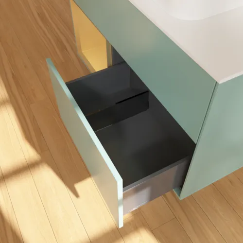 VILLEROY BOCH Toaletní skříňka Finion, s osvětlením, 2 výsuvy, 1000 x 603 x 501 mm, olivový matný lak / zlatý matný lak / bílé matné sklo #F651HFGM, obrázek 7
