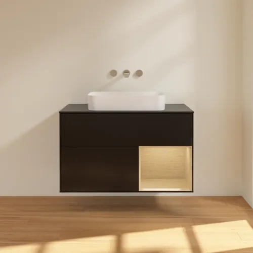 VILLEROY BOCH Toaletní skříňka Finion, s osvětlením, 2 výsuvy, 1000 x 603 x 501 mm, černý matný lak / dubová dýha / černé matné sklo #F662PCPD, obrázek 3