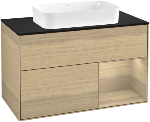 VILLEROY BOCH Toaletní stolek Finion, s osvětlením, 2 výsuvy, 1000 x 603 x 501 mm, dubová dýha / dubová dýha / sklo černé matné #F662PCPC