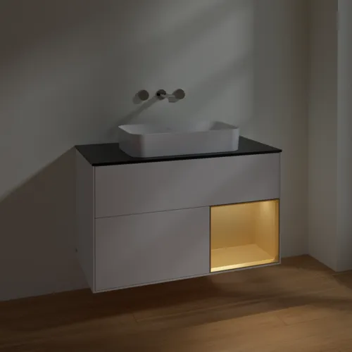 VILLEROY BOCH Toaletní skříňka Finion, s osvětlením, 2 výsuvy, 1000 x 603 x 501 mm, bílý matný lak / zlatý matný lak / černé matné sklo #F662HFMT, obrázek 5