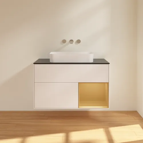 VILLEROY BOCH Toaletní skříňka Finion, s osvětlením, 2 výsuvy, 1000 x 603 x 501 mm, bílý matný lak / zlatý matný lak / černé matné sklo #F662HFMT, obrázek 3