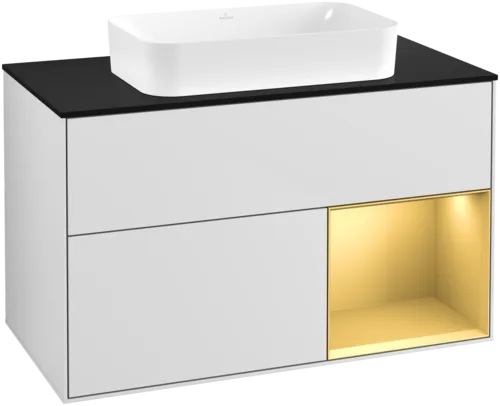 VILLEROY BOCH Toaletní skříňka Finion, s osvětlením, 2 výsuvy, 1000 x 603 x 501 mm, bílý matný lak / zlatý matný lak / černé matné sklo #F662HFMT