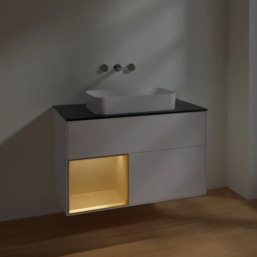 VILLEROY BOCH Toaletní skříňka Finion, s osvětlením, 2 výsuvy, 1000 x 603 x 501 mm, bílý matný lak / zlatý matný lak / černé matné sklo #F652HFMT, obrázek 5
