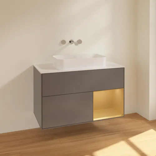 VILLEROY BOCH Toaletní skříňka Finion, s osvětlením, 2 výsuvy, 1000 x 603 x 501 mm, antracitový matný lak / zlatý matný lak / bílé matné sklo #F661HFGK, obrázek 2