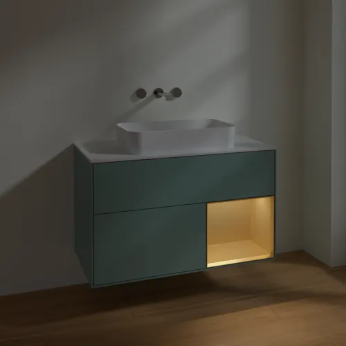 VILLEROY BOCH Toaletní skříňka Finion, s osvětlením, 2 výsuvy, 1000 x 603 x 501 mm, olivový matný lak / zlatý matný lak / bílé matné sklo #F661HFGM, obrázek 5