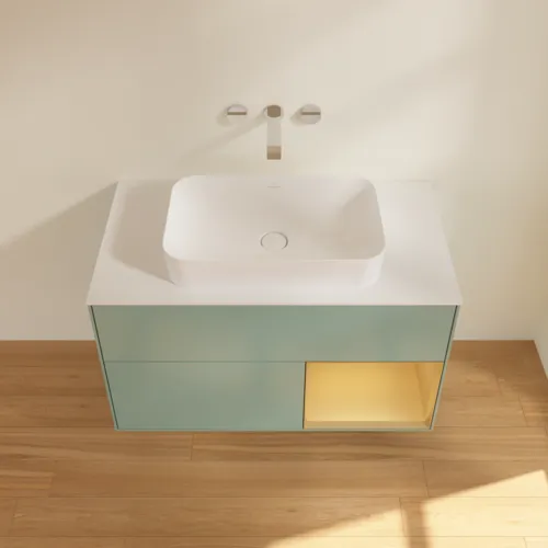 VILLEROY BOCH Toaletní skříňka Finion, s osvětlením, 2 výsuvy, 1000 x 603 x 501 mm, olivový matný lak / zlatý matný lak / bílé matné sklo #F661HFGM, obrázek 4