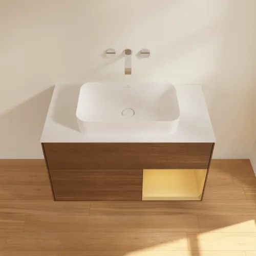 VILLEROY BOCH Toaletní stolek Finion, s osvětlením, 2 výsuvy, 1000 x 603 x 501 mm, ořechová dýha / zlatý matný lak / sklo bílé matné #F661HFGN, obrázek 4