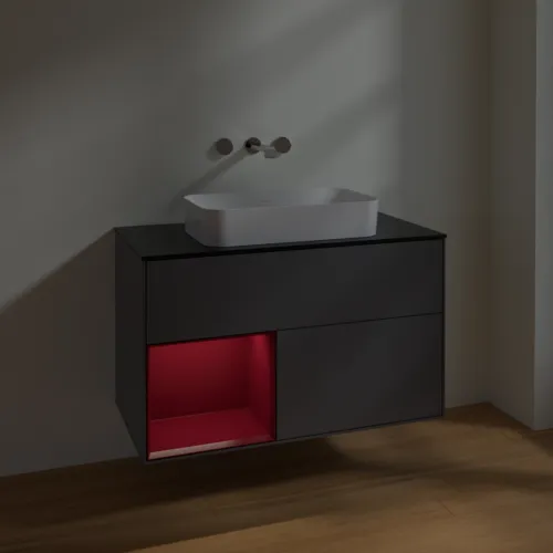VILLEROY BOCH Toaletní skříňka Finion, s osvětlením, 2 výsuvy, 1000 x 603 x 501 mm, antracitový matný lak / pivoňkový matný lak / černé matné sklo #F652HBGK, obrázek 5
