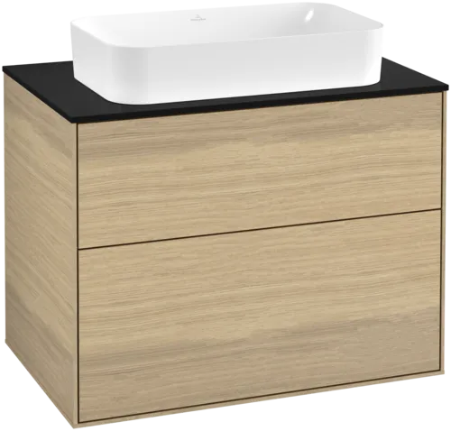 VILLEROY BOCH Toaletní skříňka Finion, 2 výsuvy, 800 x 603 x 501 mm, dubová dýha / sklo černé matné #F63200PC
