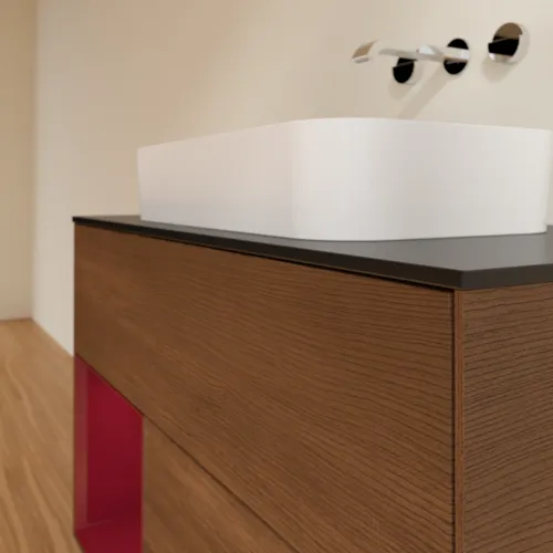 VILLEROY BOCH Toaletní skříňka Finion, s osvětlením, 2 výsuvy, 1000 x 603 x 501 mm, ořechová dýha / matný lak Pivoňka / černé matné sklo #F652HBGN, obrázek 6