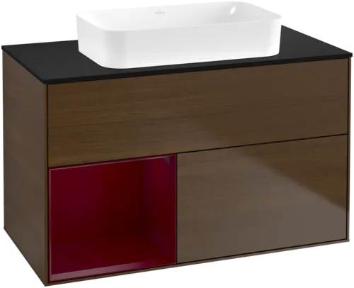 VILLEROY BOCH Toaletní skříňka Finion, s osvětlením, 2 výsuvy, 1000 x 603 x 501 mm, ořechová dýha / matný lak Pivoňka / černé matné sklo #F652HBGN