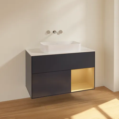 VILLEROY BOCH Toaletní skříňka Finion, s osvětlením, 2 výsuvy, 1000 x 603 x 501 mm, Midnight Blue Matt Lacquer / Gold Matt Lacquer / Glass White Matt #F661HFHG, obrázek 2