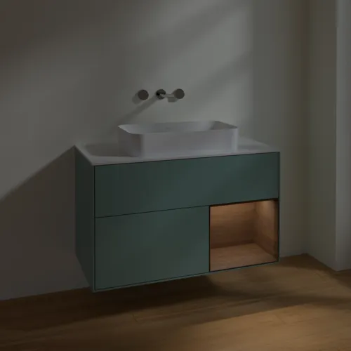 VILLEROY BOCH Toaletní skříňka Finion, s osvětlením, 2 výsuvy, 1000 x 603 x 501 mm, olivový matný lak / ořechová dýha / sklo bílé matné #F661GNGM, obrázek 5