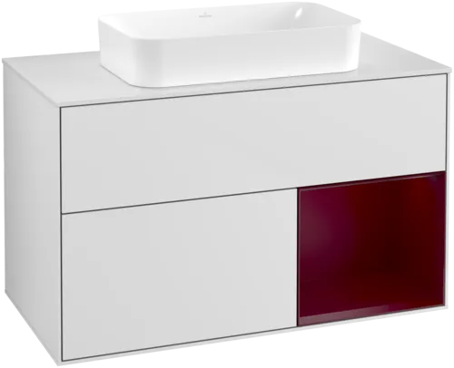 VILLEROY BOCH Toaletní skříňka Finion, s osvětlením, 2 výsuvy, 1000 x 603 x 501 mm, bílý matný lak / pivoňkový matný lak / bílé matné sklo #F661HBMT