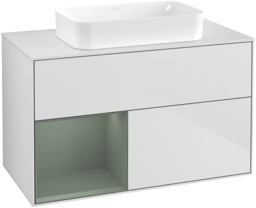 VILLEROY BOCH Toaletní skříňka Finion, s osvětlením, 2 výsuvy, 1000 x 603 x 501 mm, bílý matný lak / olivový matný lak / bílé matné sklo #F651GMMT