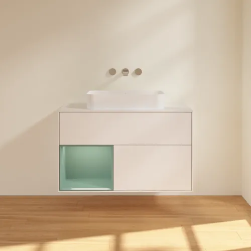 VILLEROY BOCH Toaletní skříňka Finion, s osvětlením, 2 výsuvy, 1000 x 603 x 501 mm, bílý matný lak / olivový matný lak / bílé matné sklo #F651GMMT, obrázek 3