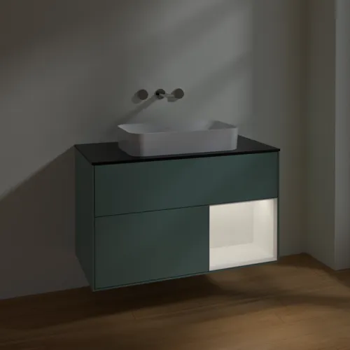 VILLEROY BOCH Toaletní skříňka Finion, s osvětlením, 2 výsuvy, 1000 x 603 x 501 mm, olivový matný lak / bílý matný lak / černé matné sklo #F662MTGM, obrázek 5