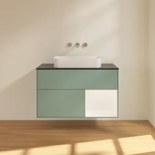VILLEROY BOCH Toaletní skříňka Finion, s osvětlením, 2 výsuvy, 1000 x 603 x 501 mm, olivový matný lak / bílý matný lak / černé matné sklo #F662MTGM, obrázek 3