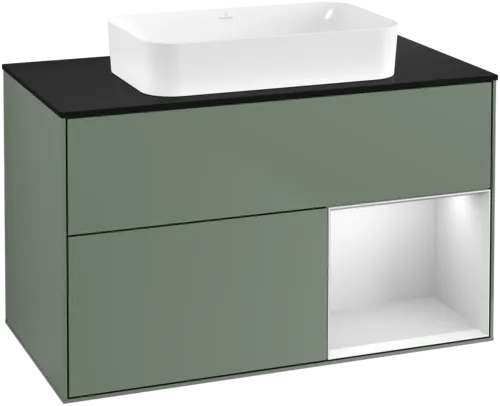 VILLEROY BOCH Toaletní skříňka Finion, s osvětlením, 2 výsuvy, 1000 x 603 x 501 mm, olivový matný lak / bílý matný lak / černé matné sklo #F662MTGM